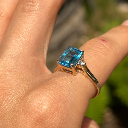 Estate 14KT Yellow Gold Emerald-Cut Blue Topaz + Diamond Accent Ring