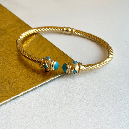 14KT Yellow Gold Turquoise Cable Twist Cuff Bangle Bracelet