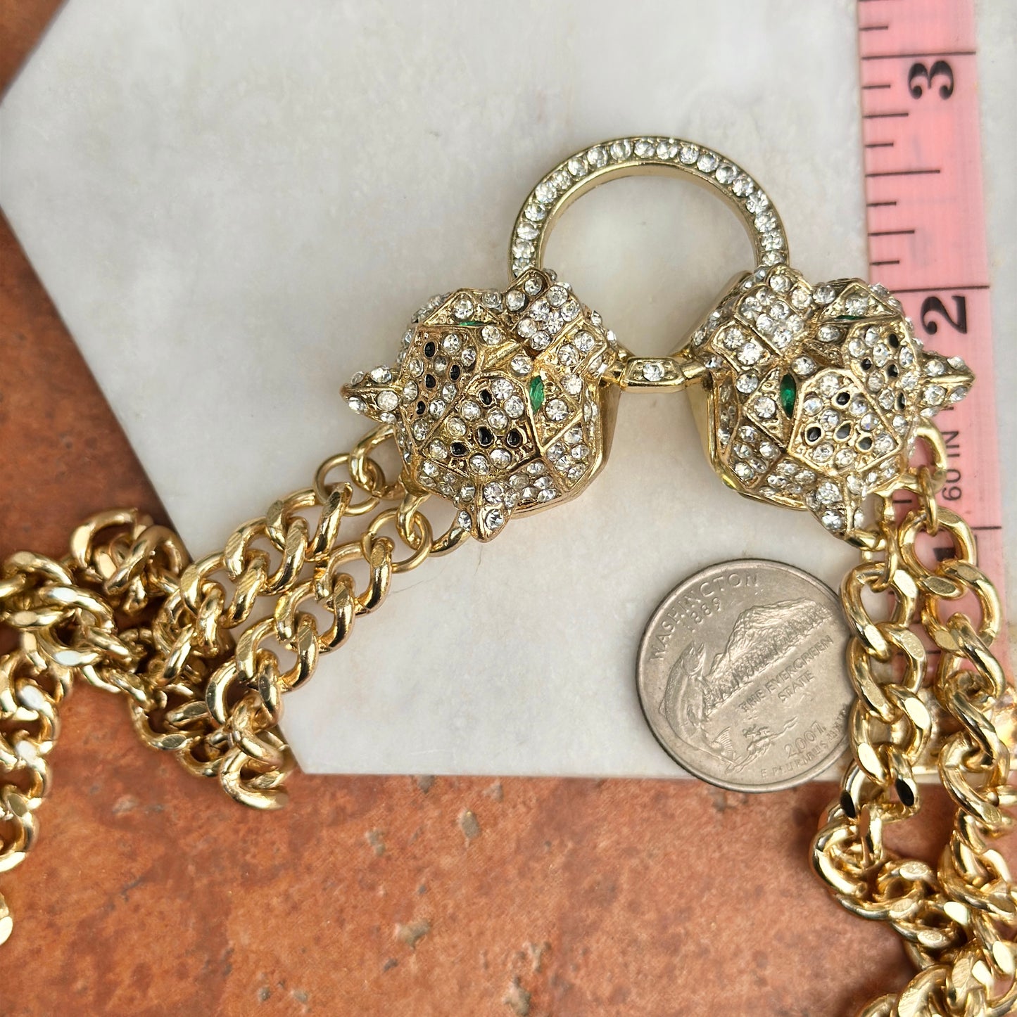 Estate Gold-Plated Brass CZ Double Panther Statement Necklace - LSJ