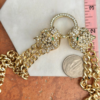 Estate Gold-Plated Brass CZ Double Panther Statement Necklace - LSJ