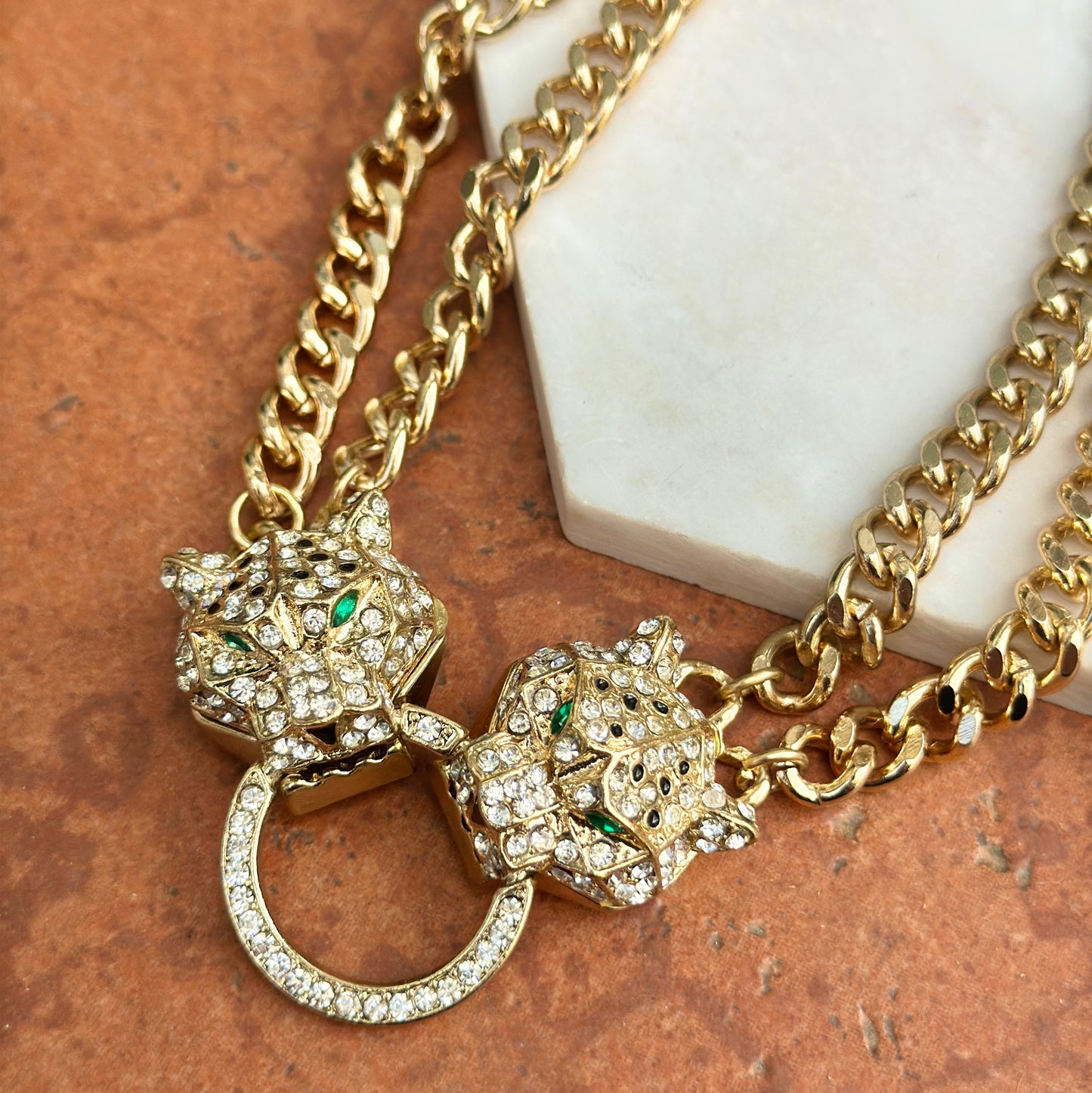 Estate Gold-Plated Brass CZ Double Panther Statement Necklace - LSJ