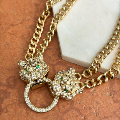 Estate Gold-Plated Brass CZ Double Panther Statement Necklace - LSJ