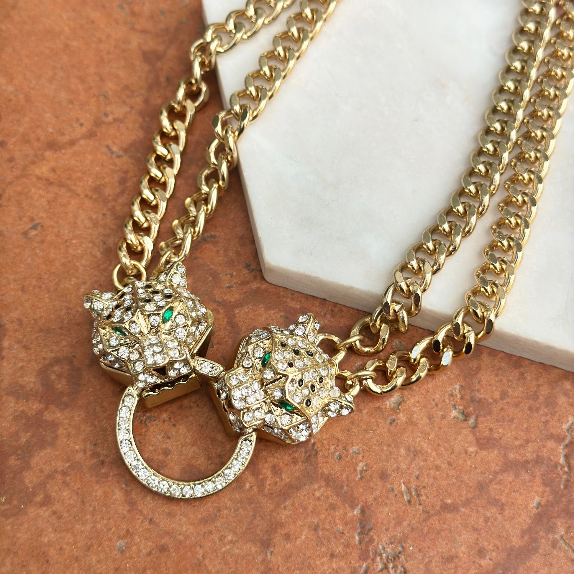 Estate Gold-Plated Brass CZ Double Panther Statement Necklace - LSJ