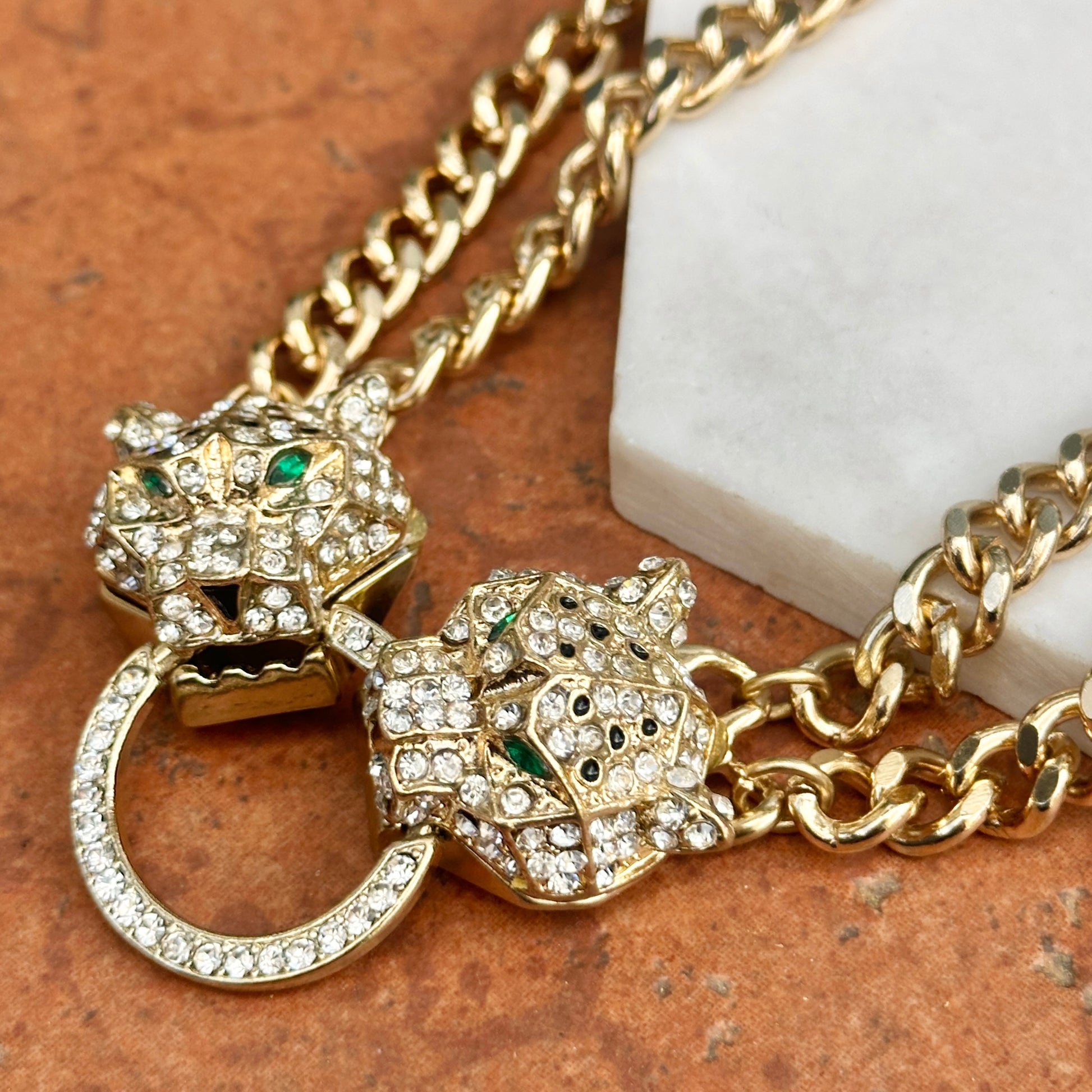 Estate Gold-Plated Brass CZ Double Panther Statement Necklace - LSJ