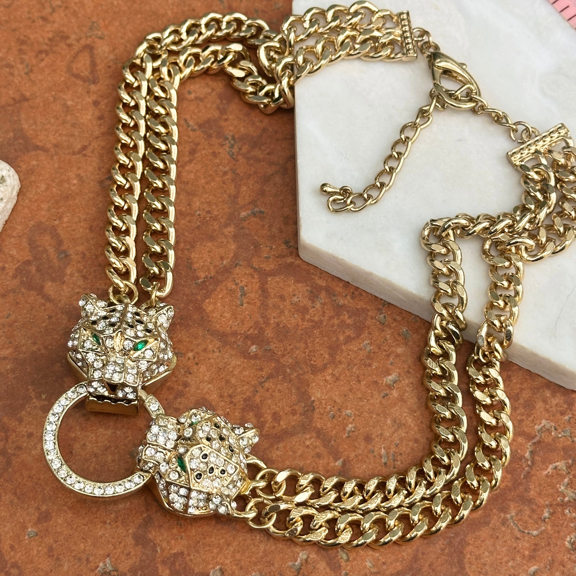 Estate Gold-Plated Brass CZ Double Panther Statement Necklace - LSJ