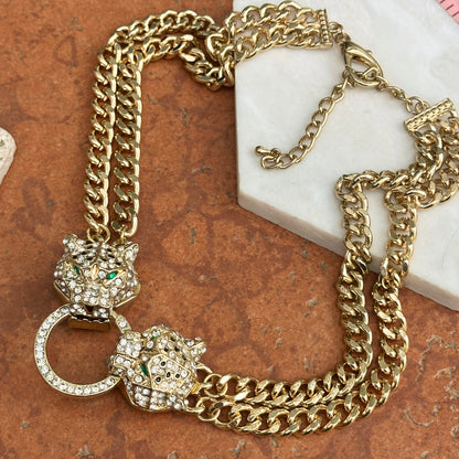 Estate Gold-Plated Brass CZ Double Panther Statement Necklace - LSJ