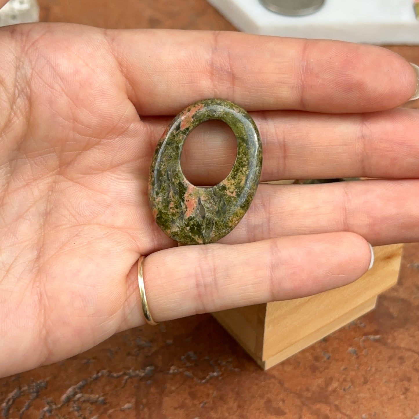 Estate Genuine Stone Unakite Agate Hooplet Earring Charms PAIR Door Knockers 80s