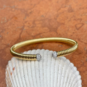 18KT Yellow Gold Pave Diamond End Cap Corrugated Cuff Bangle Bracelet