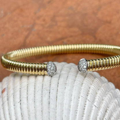 18KT Yellow Gold Pave Diamond End Cap Corrugated Cuff Bangle Bracelet