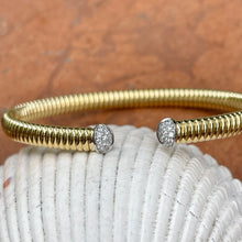 Load image into Gallery viewer, 18KT Yellow Gold Pave Diamond End Cap Corrugated Cuff Bangle Bracelet