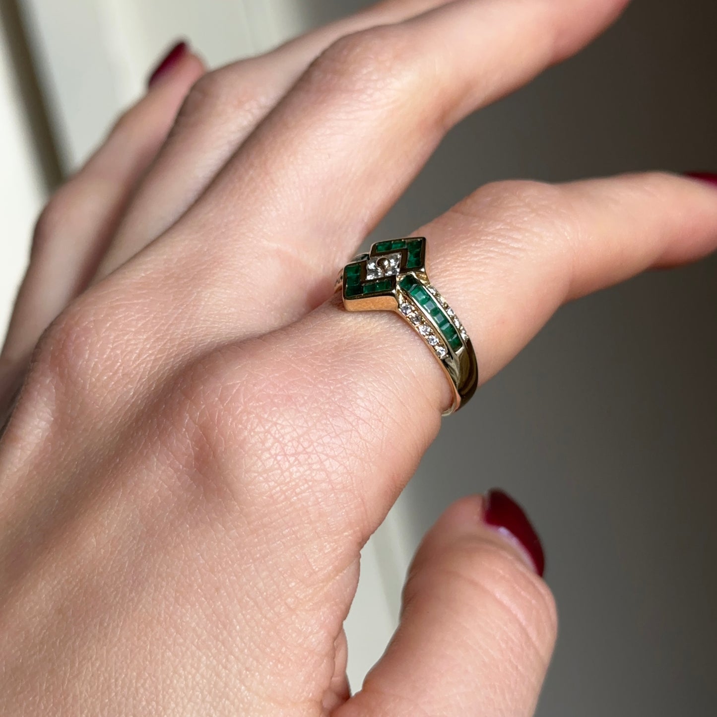 Estate 14KT Yellow Gold Square Emerald + Diamond Ring