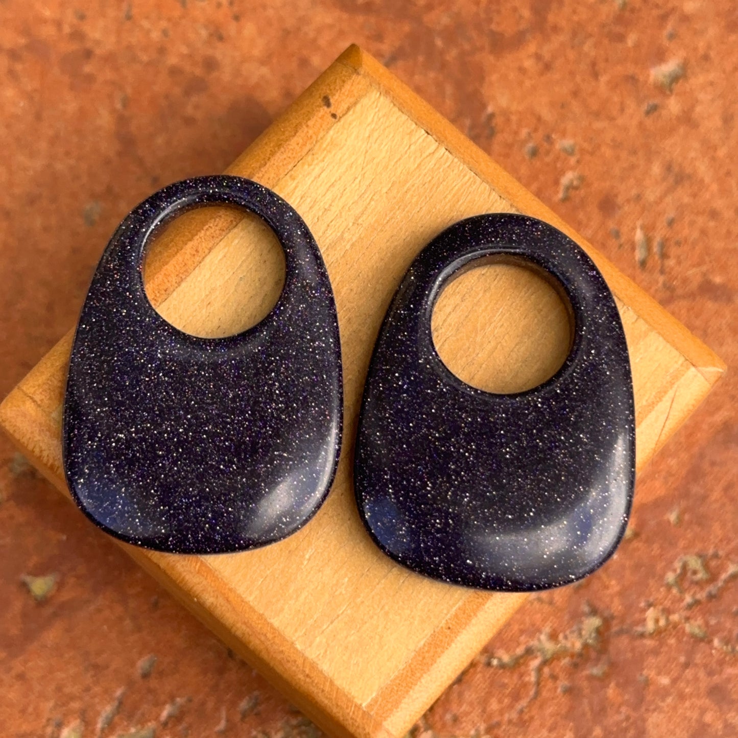Genuine Dark Blue Goldstone Gemstone Open Oval Disc Earring Charms - LSJ