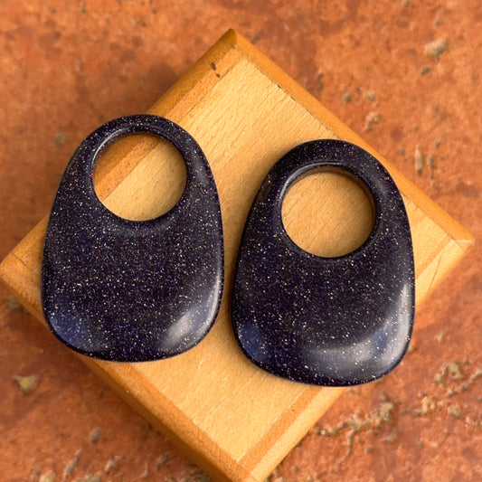 Genuine Dark Blue Goldstone Gemstone Open Oval Disc Earring Charms - LSJ