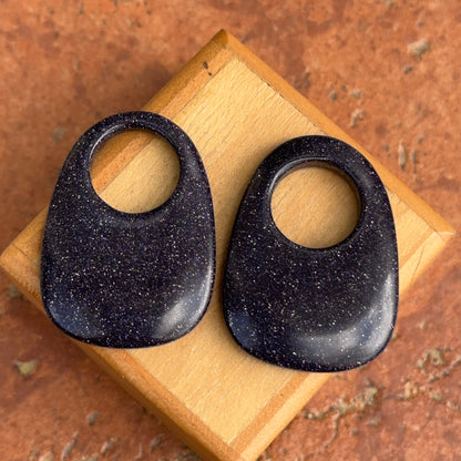 Genuine Dark Blue Goldstone Gemstone Open Oval Disc Earring Charms - LSJ