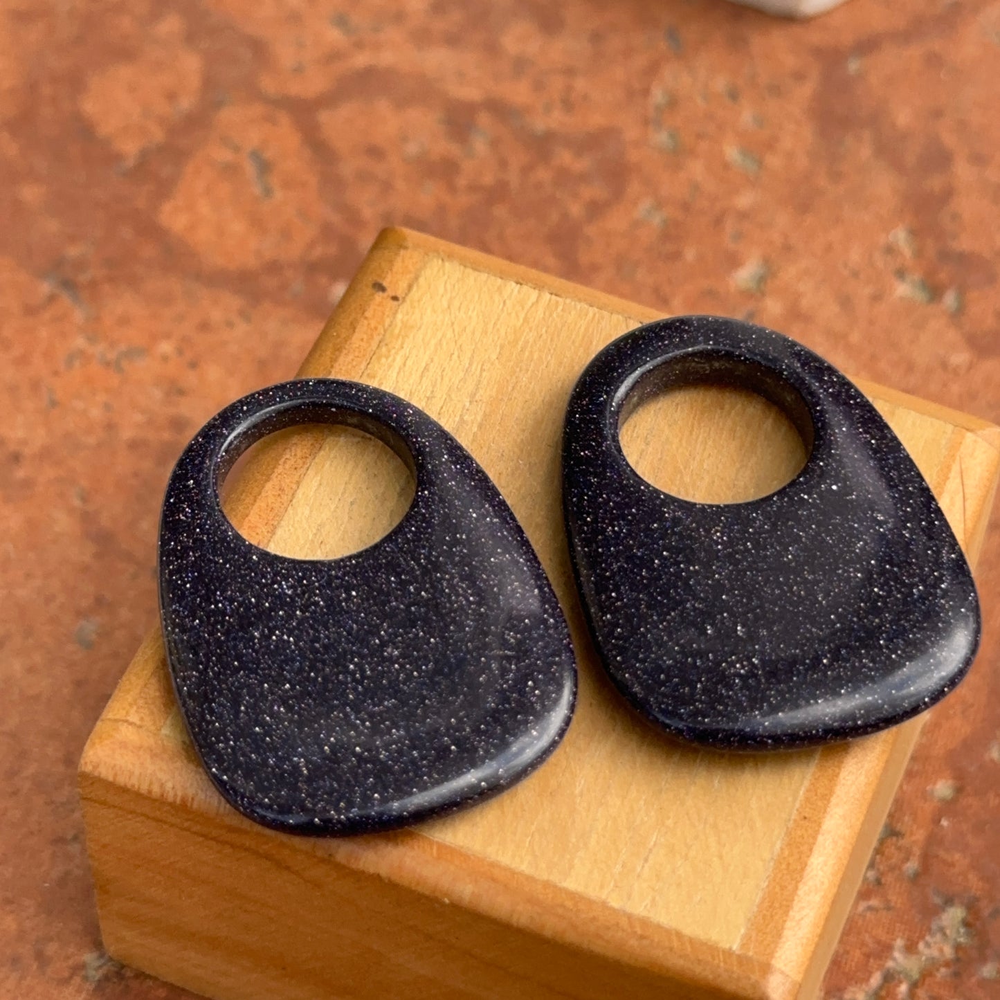 Genuine Dark Blue Goldstone Gemstone Open Oval Disc Earring Charms - LSJ