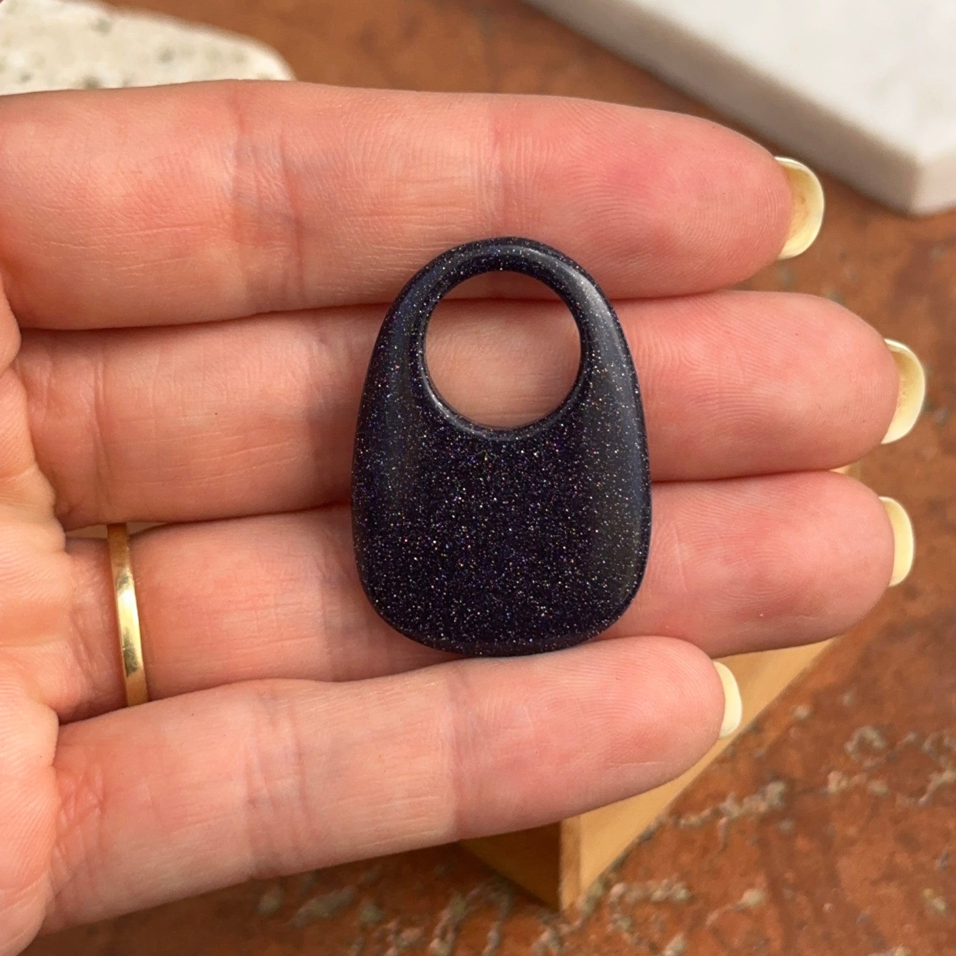 Genuine Dark Blue Goldstone Gemstone Open Oval Disc Earring Charms - LSJ