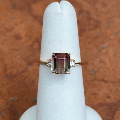 Estate 14KT Yellow Gold Emerald-Cut, 2.58 Carat Bi Color Watermelon Tourmaline + Diamond Pave Ring 5.5