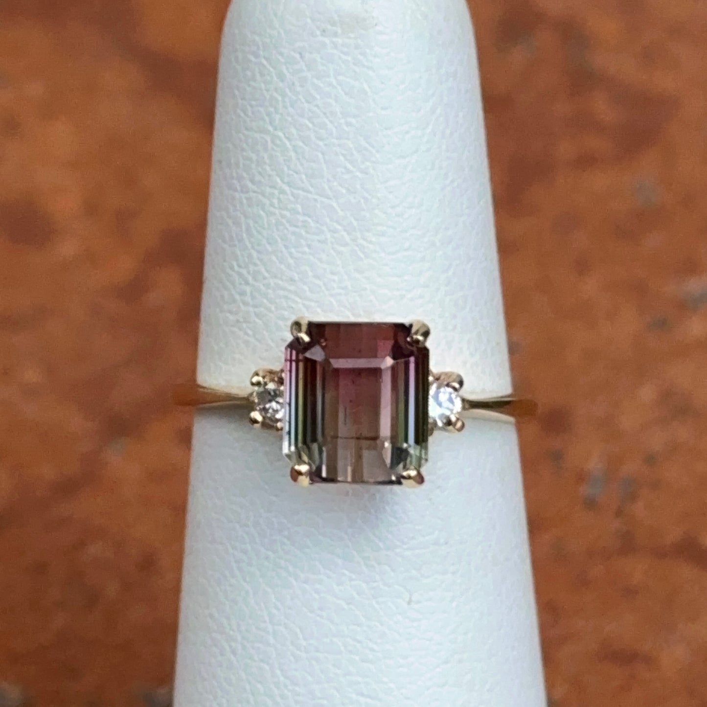 Estate 14KT Yellow Gold Emerald-Cut, 2.58 Carat Bi Color Watermelon Tourmaline + Diamond Pave Ring 5.5