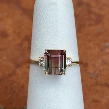 Estate 14KT Yellow Gold Emerald-Cut, 2.58 Carat Bi Color Watermelon Tourmaline + Diamond Pave Ring 5.5