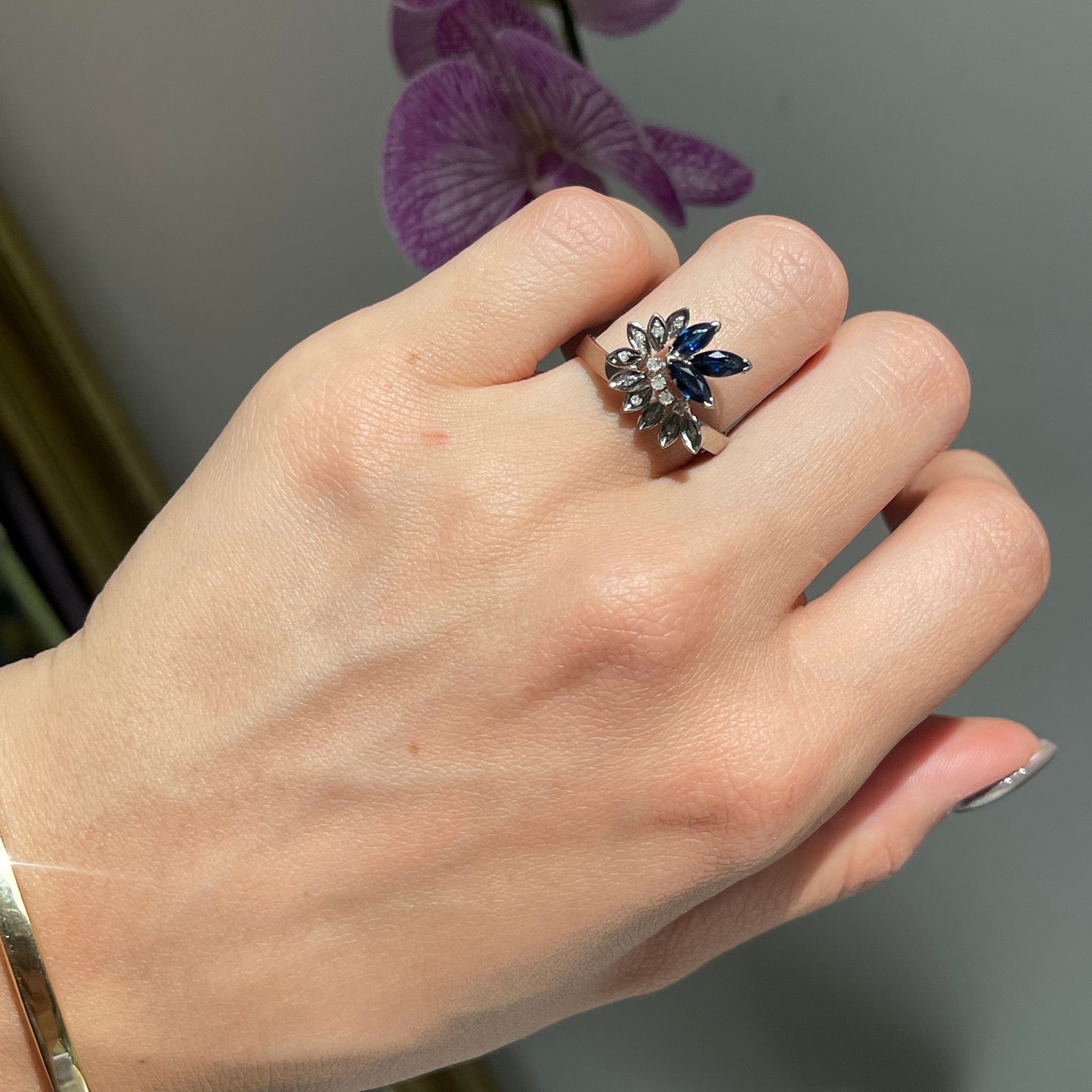 Estate 14KT White Gold Marquise Blue Sapphire + Diamond Flower Ring – LSJ