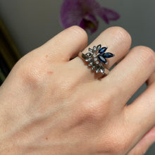Load image into Gallery viewer, Estate 14KT White Gold Marquise Blue Sapphire + Diamond Flower Ring