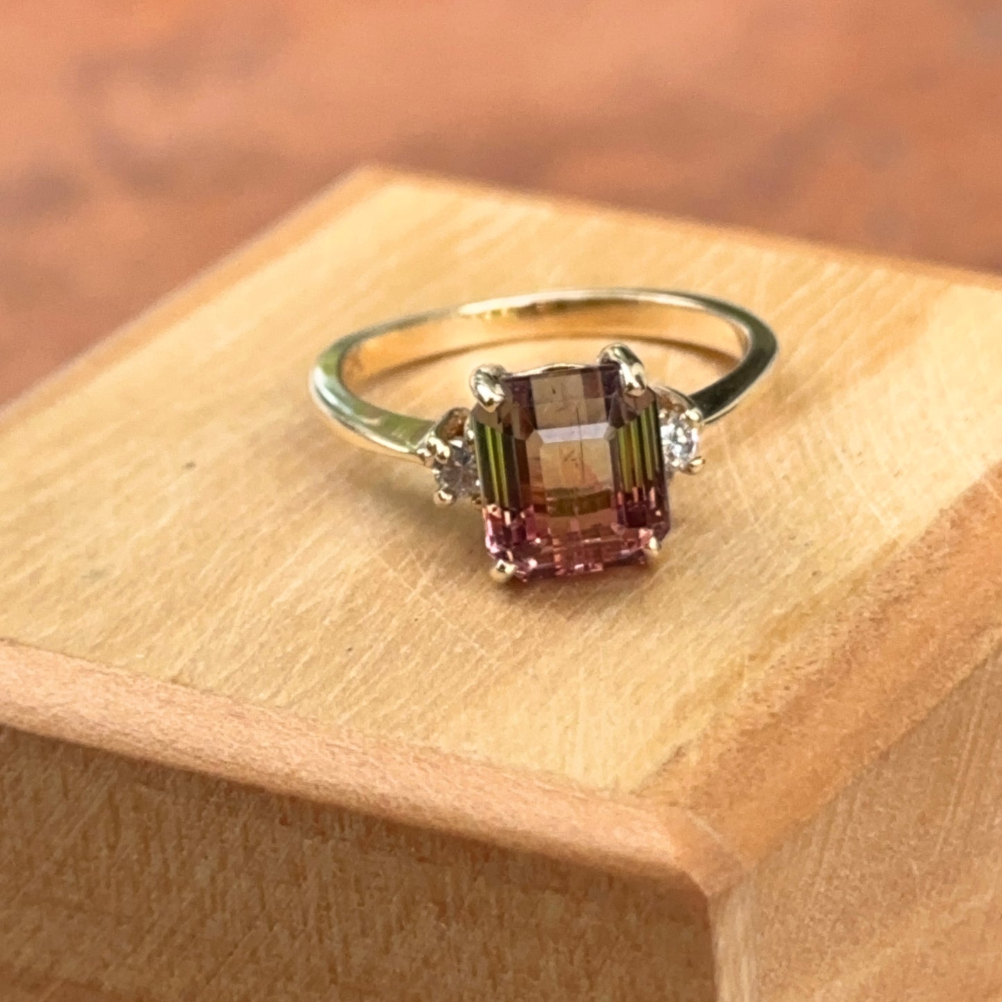 Estate 14KT Yellow Gold Emerald-Cut, 2.58 Carat Bi Color Watermelon Tourmaline + Diamond Pave Ring 5.5