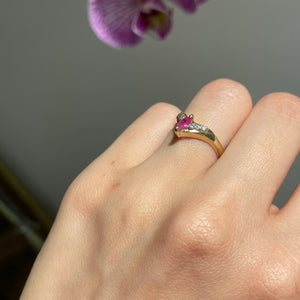Estate 14KT Yellow Gold Marquise Ruby + Diamond "V" Ring
