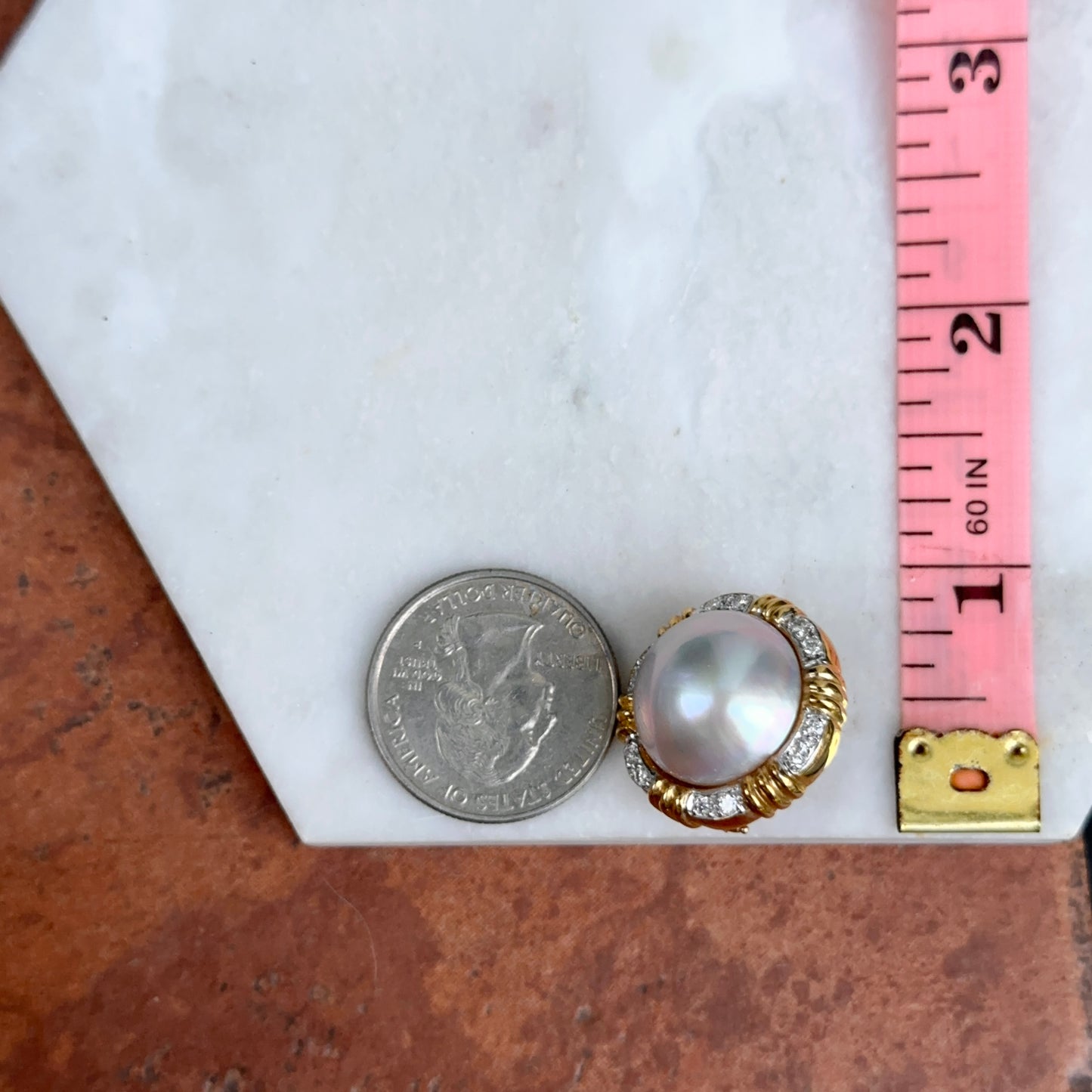 Estate 18KT Yellow Gold + White Mabe Pearl + Diamond Round Heavy Earrings Omega Back