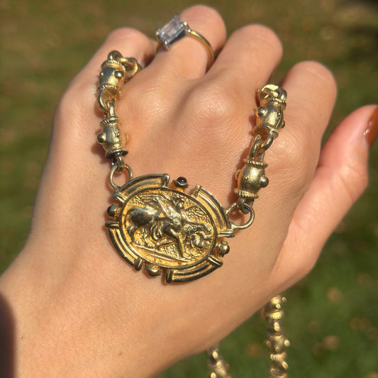 Estate Gold-Tone Byzantine Faux Onyx Coin Barrel Necklace - LSJ