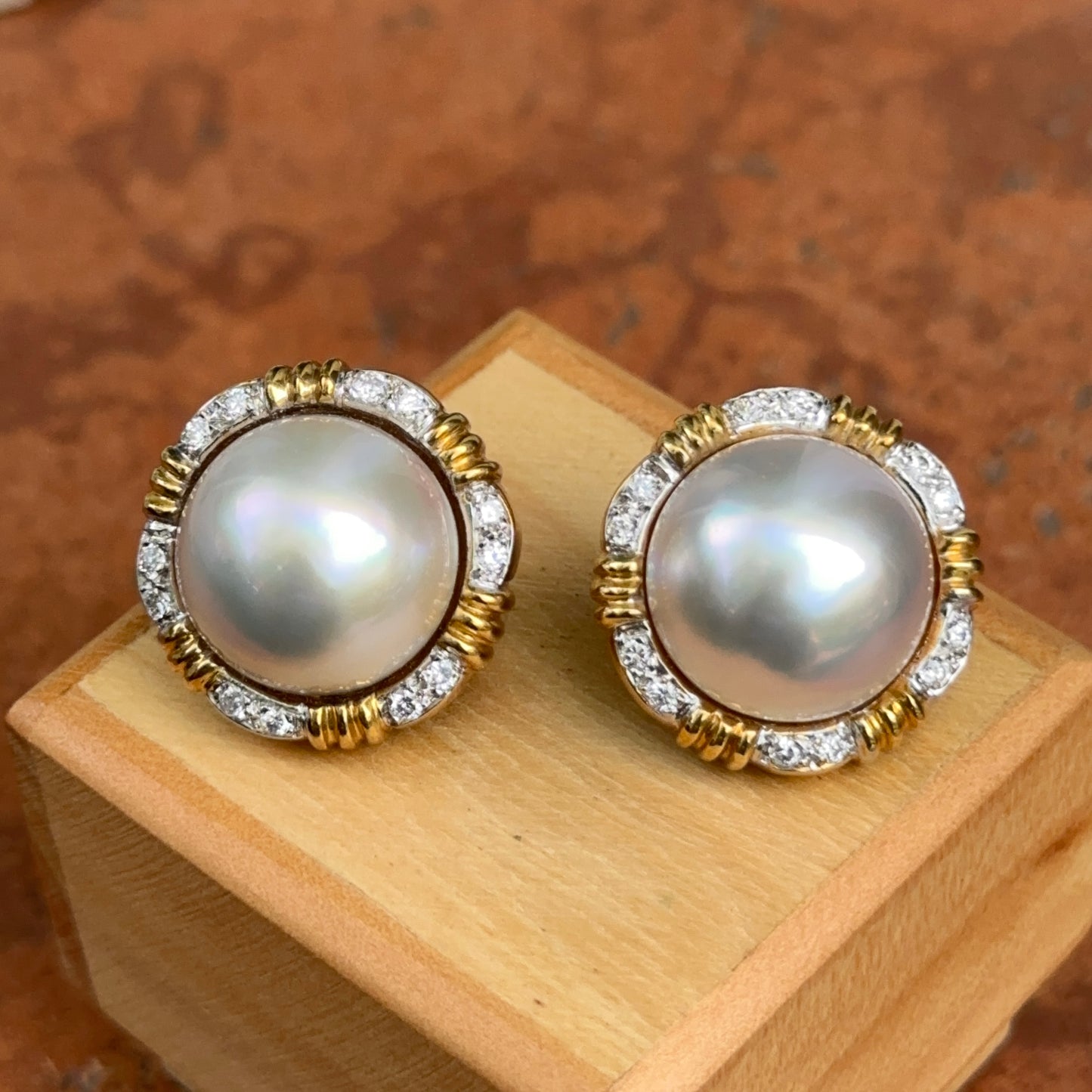 Estate 18KT Yellow Gold + White Mabe Pearl + Diamond Round Heavy Earrings Omega Back