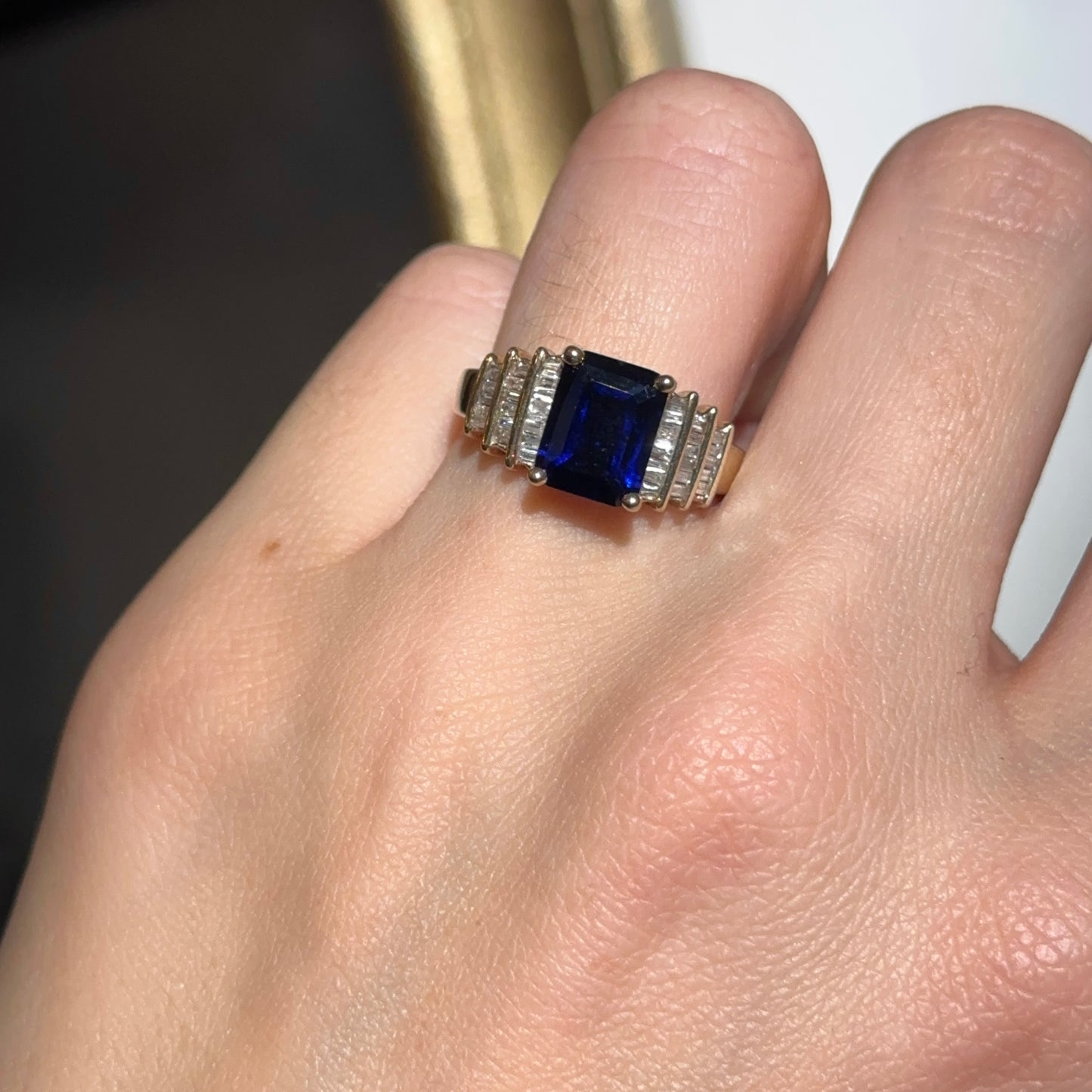 Estate 10KT Yellow Gold Emerald-Cut Lab Blue Sapphire + Diamond Ring