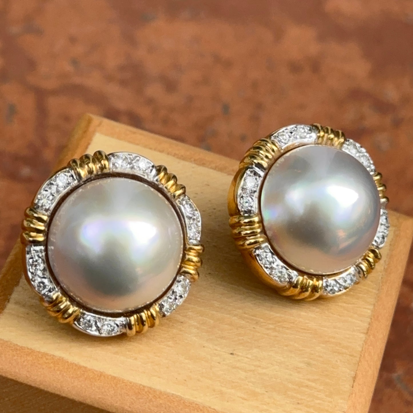 Estate 18KT Yellow Gold + White Mabe Pearl + Diamond Round Heavy Earrings Omega Back