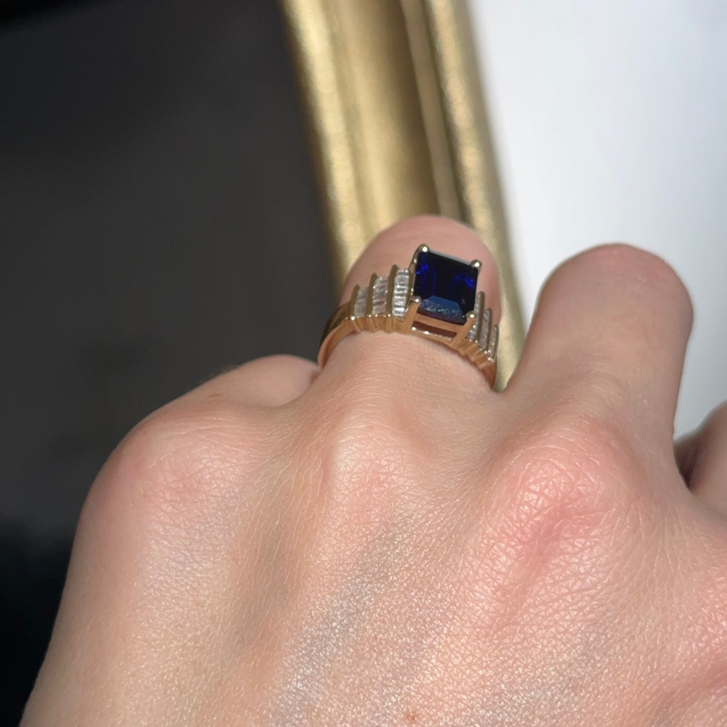 Estate 10KT Yellow Gold Emerald-Cut Lab Blue Sapphire + Diamond Ring