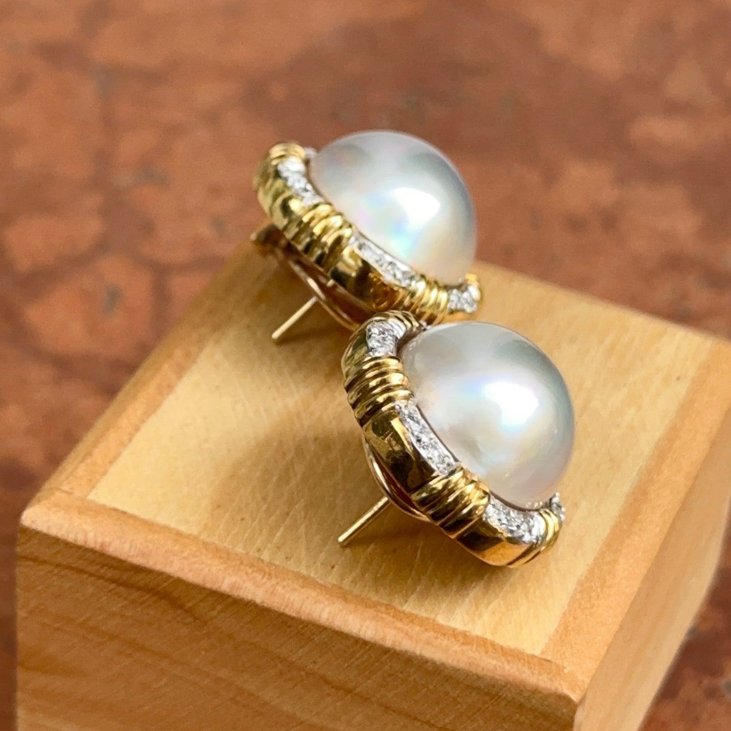 Estate 18KT Yellow Gold + White Mabe Pearl + Diamond Round Heavy Earrings Omega Back