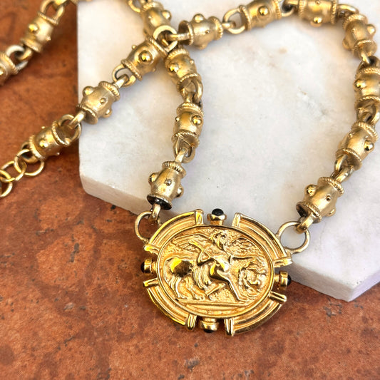 Estate Gold-Tone Byzantine Faux Onyx Coin Barrel Necklace - LSJ