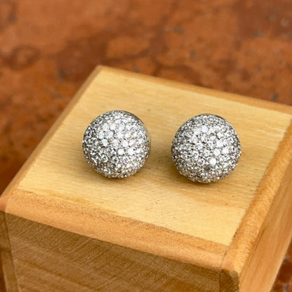 Estate 14KT White Gold Pave Diamond Button Omega Earrings