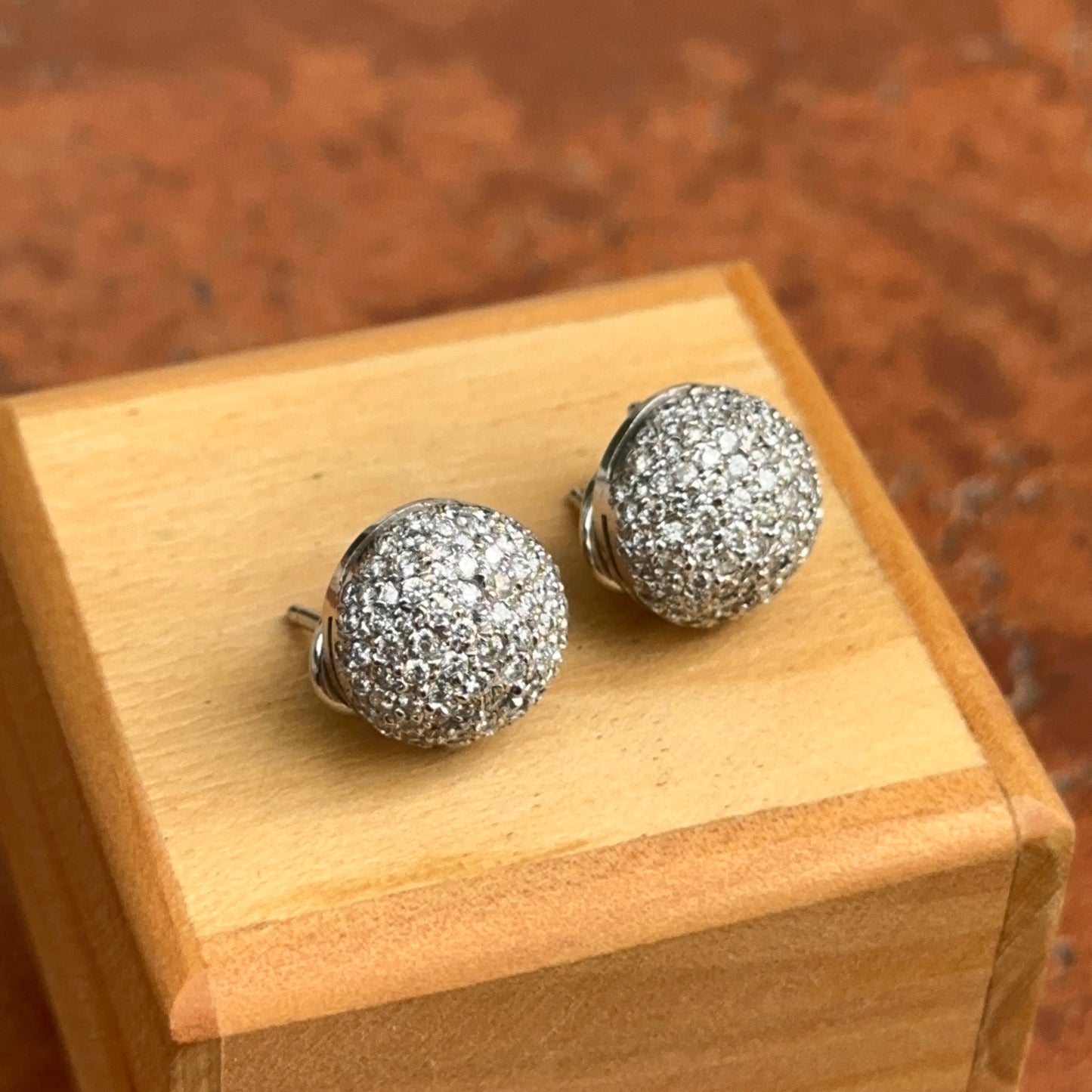 Estate 14KT White Gold Pave Diamond Button Omega Earrings