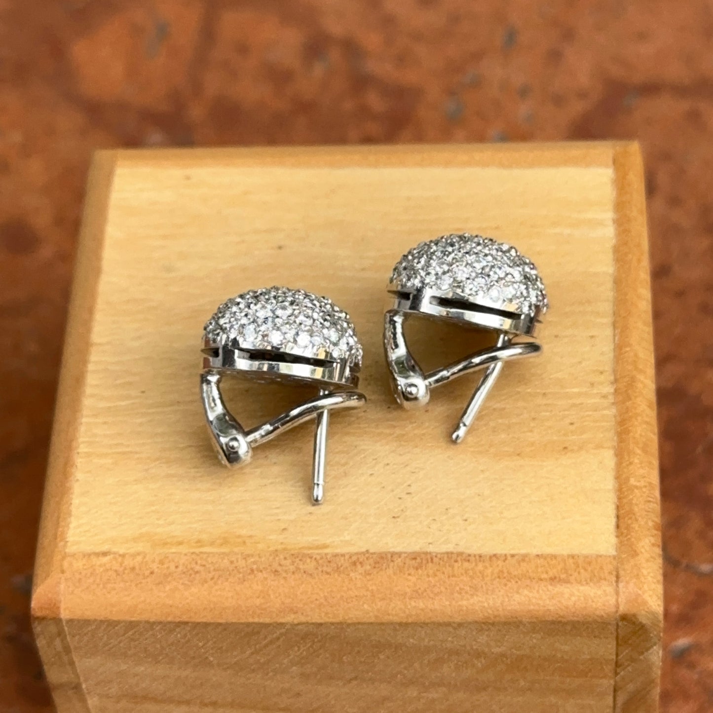 Estate 14KT White Gold Pave Diamond Button Omega Earrings