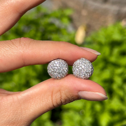 Estate 14KT White Gold Pave Diamond Button Omega Earrings