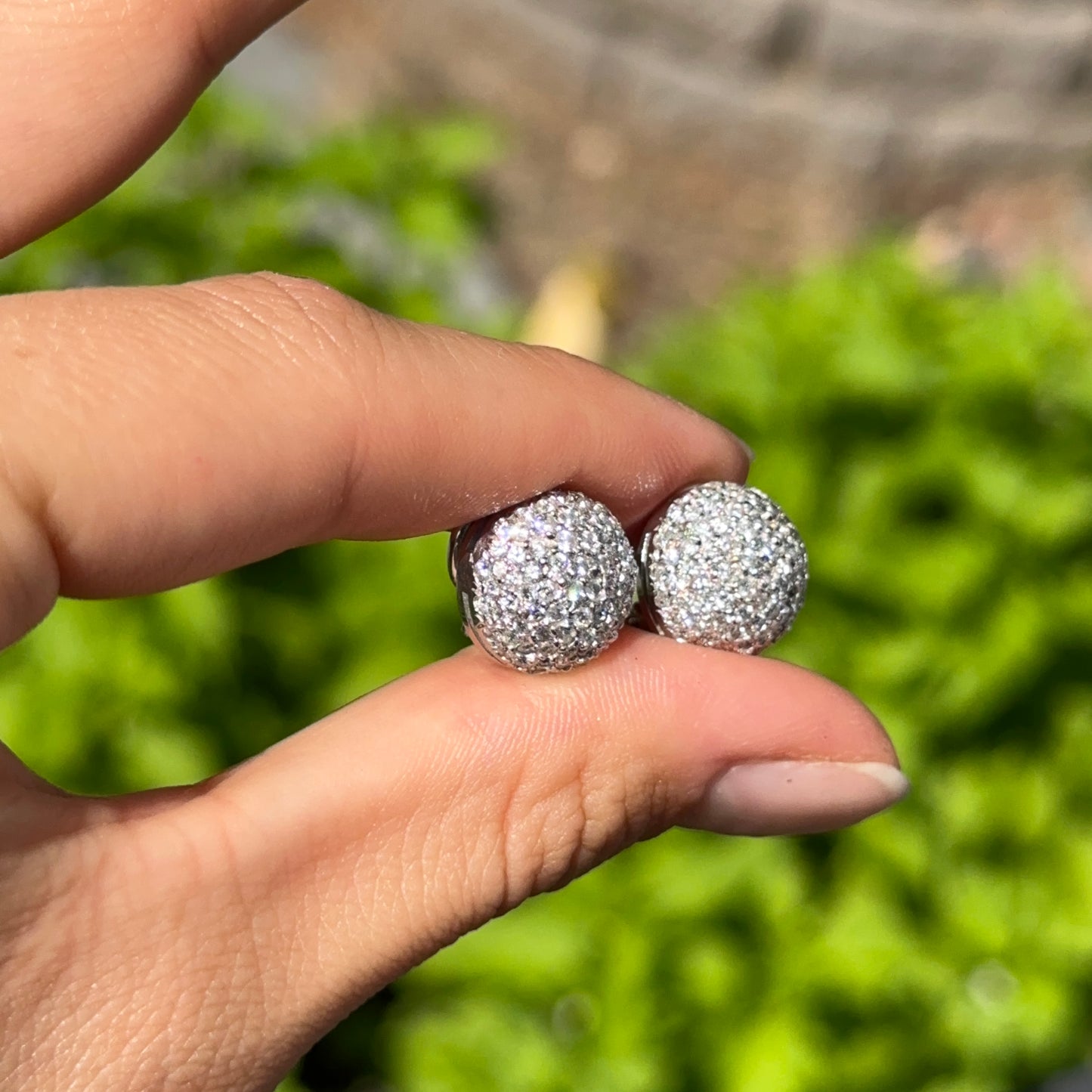 Estate 14KT White Gold Pave Diamond Button Omega Earrings