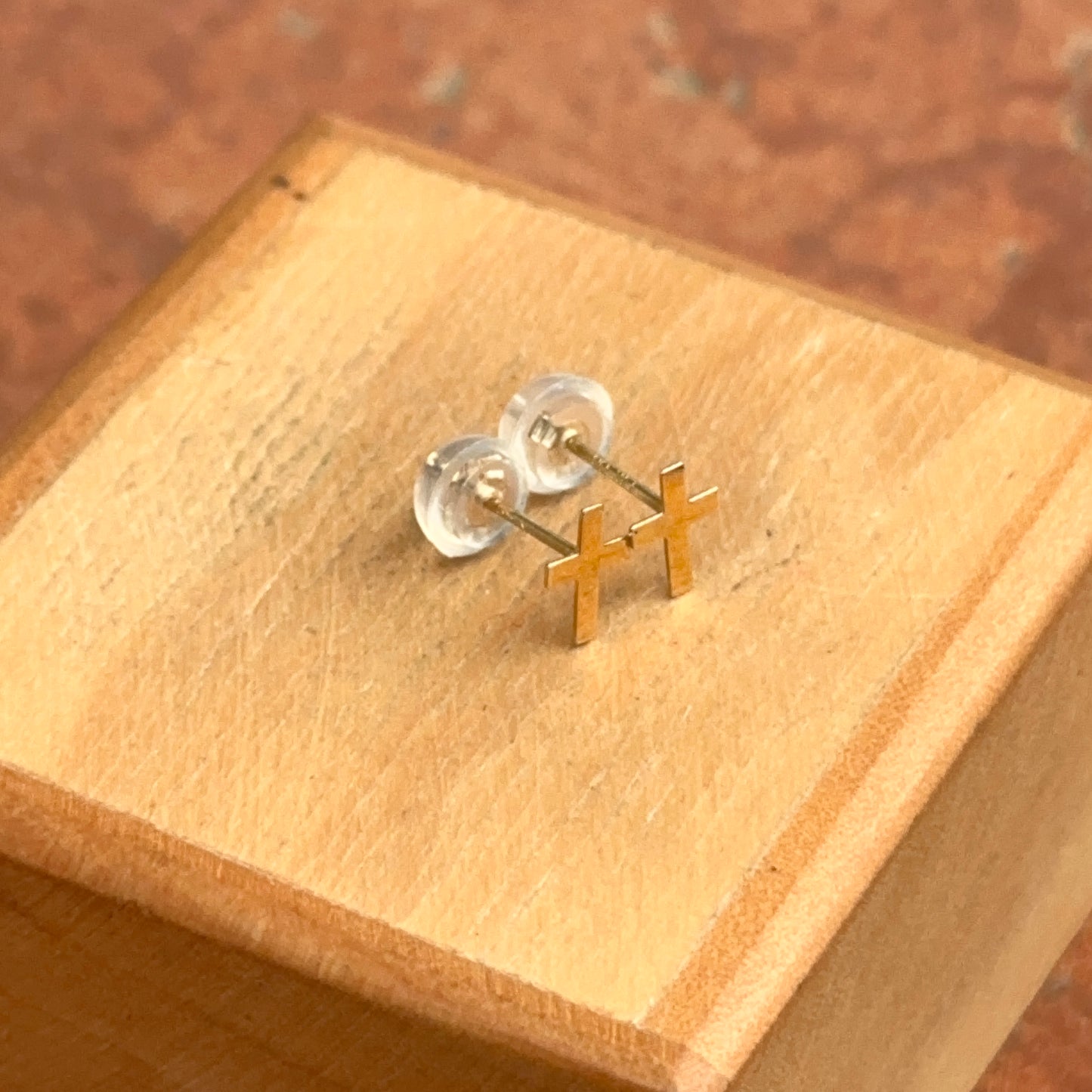 14KT Yellow Gold Mini Flat Cross Stud Earrings - LSJ