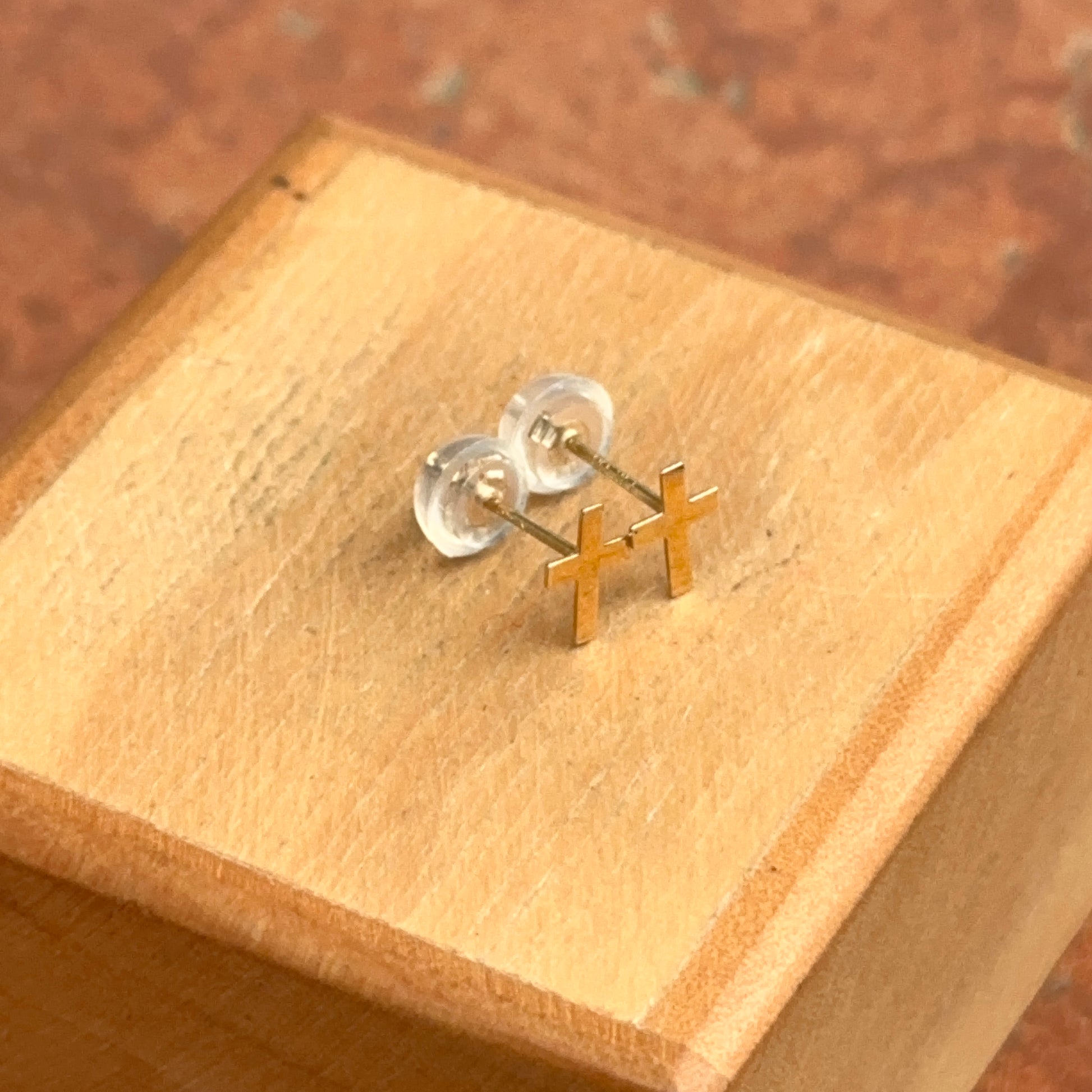 14KT Yellow Gold Mini Flat Cross Stud Earrings - LSJ