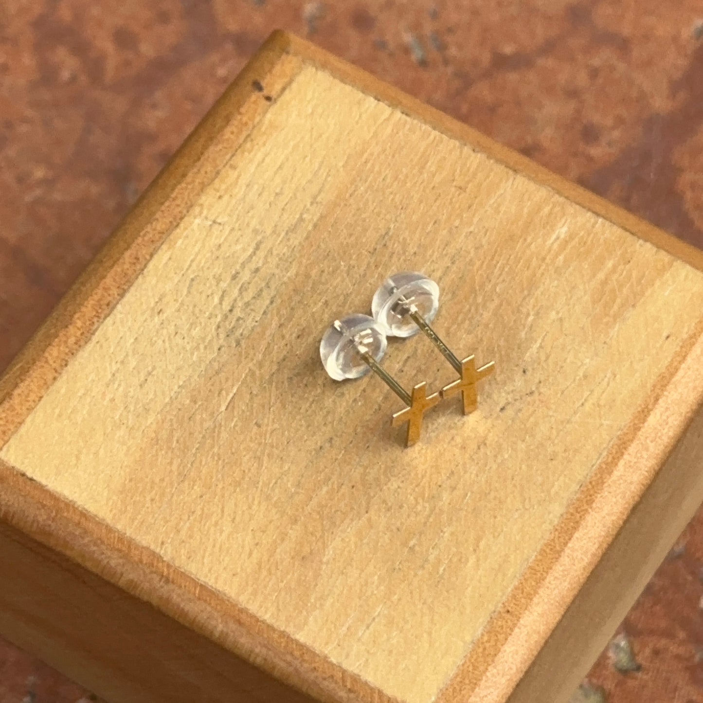 14KT Yellow Gold Mini Flat Cross Stud Earrings - LSJ