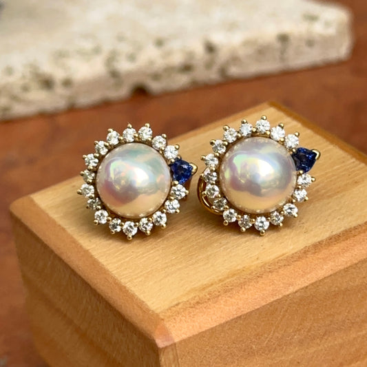 Estate 18KT Yellow Gold Mabe Pearl + Diamond Sapphire Halo Omega Earrings