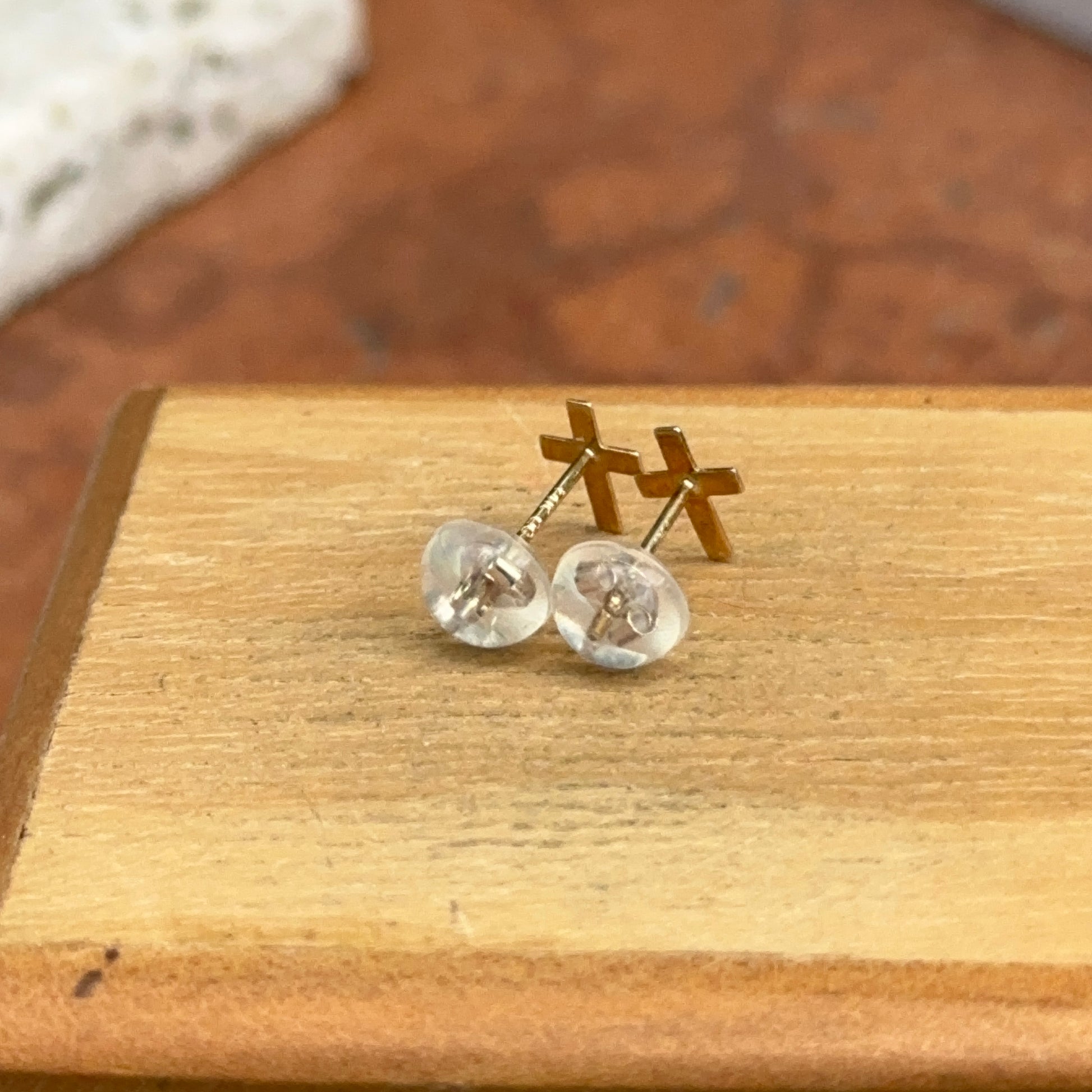 14KT Yellow Gold Mini Flat Cross Stud Earrings - LSJ