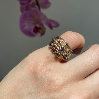 Estate 14KT Yellow Gold Rope Twist Etruscan Purple Iolite Cigar Band Ring