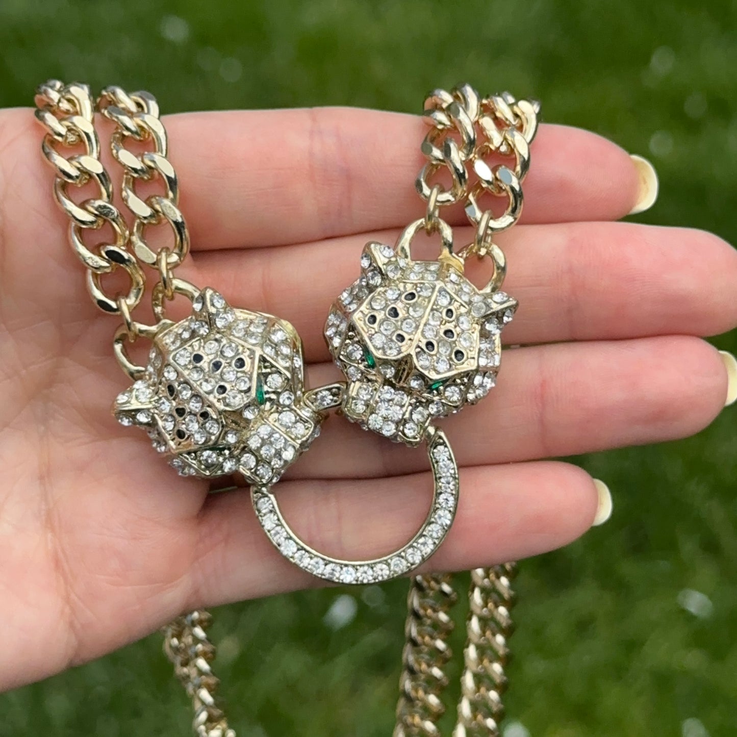 Estate Gold-Plated Brass CZ Double Panther Statement Necklace - LSJ