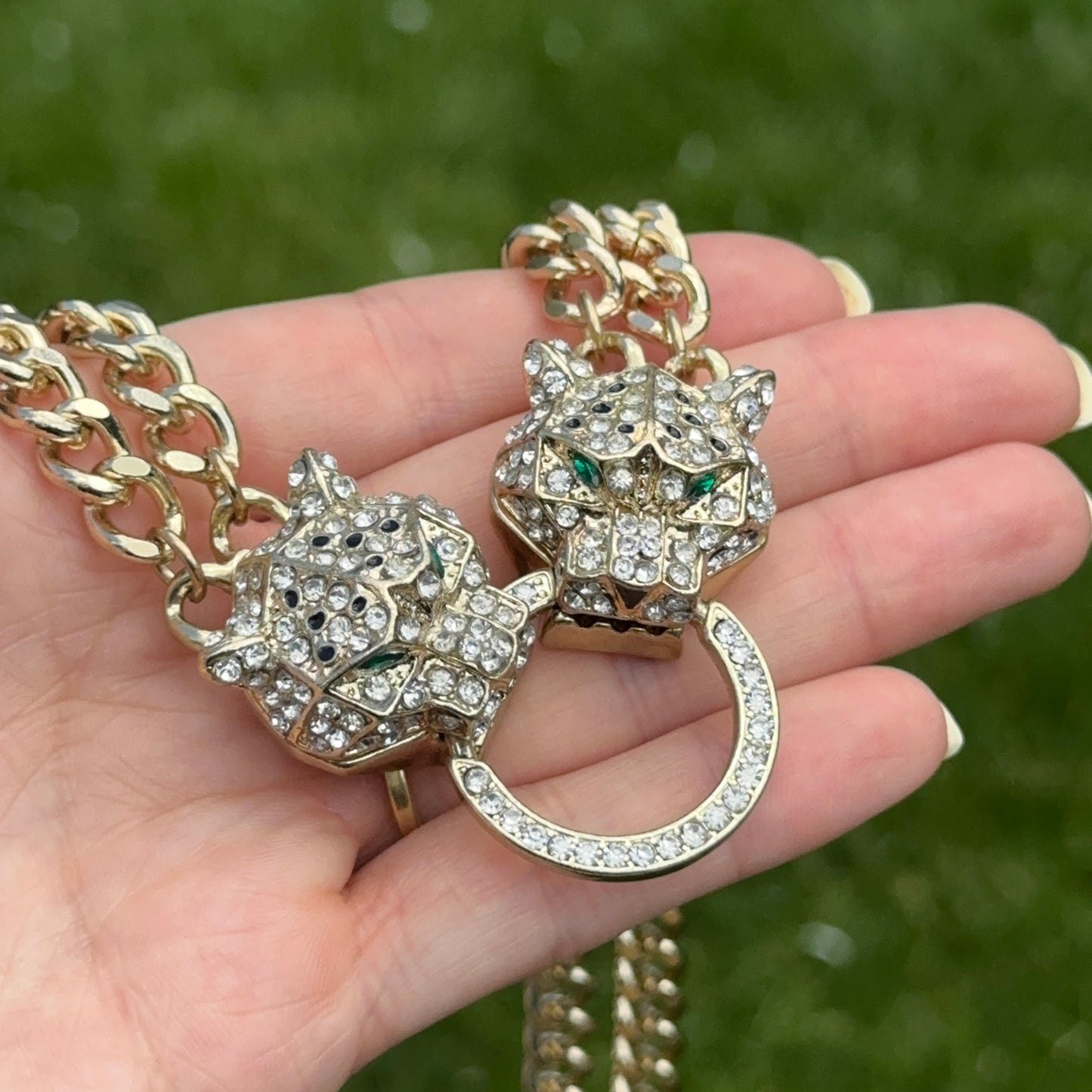 Estate Gold-Plated Brass CZ Double Panther Statement Necklace - LSJ