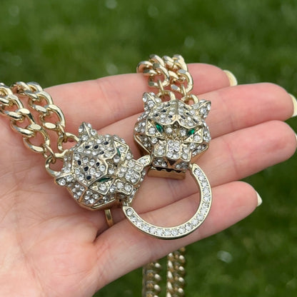 Estate Gold-Plated Brass CZ Double Panther Statement Necklace - LSJ