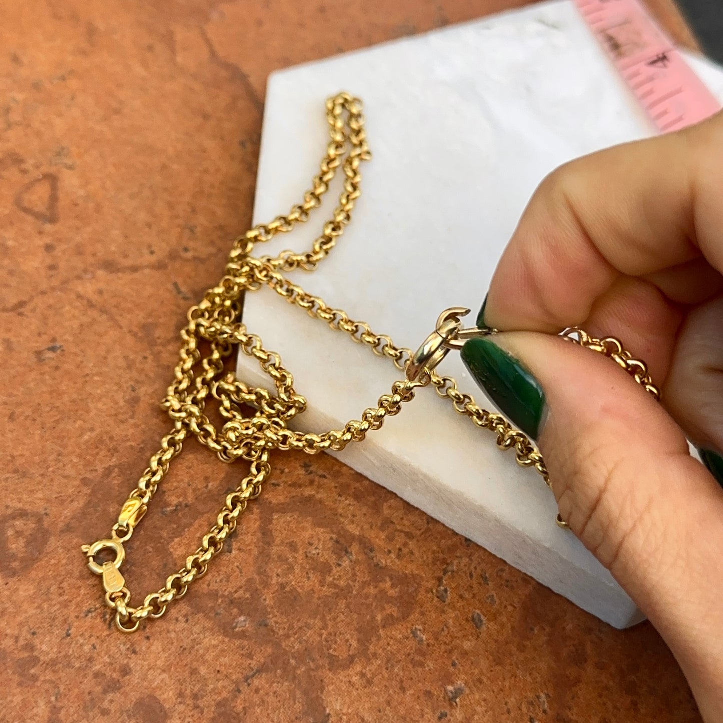 Estate 14KT Yellow Gold Rolo Chain Swivel Hinged Clasp Charm Hanger Necklace 24"